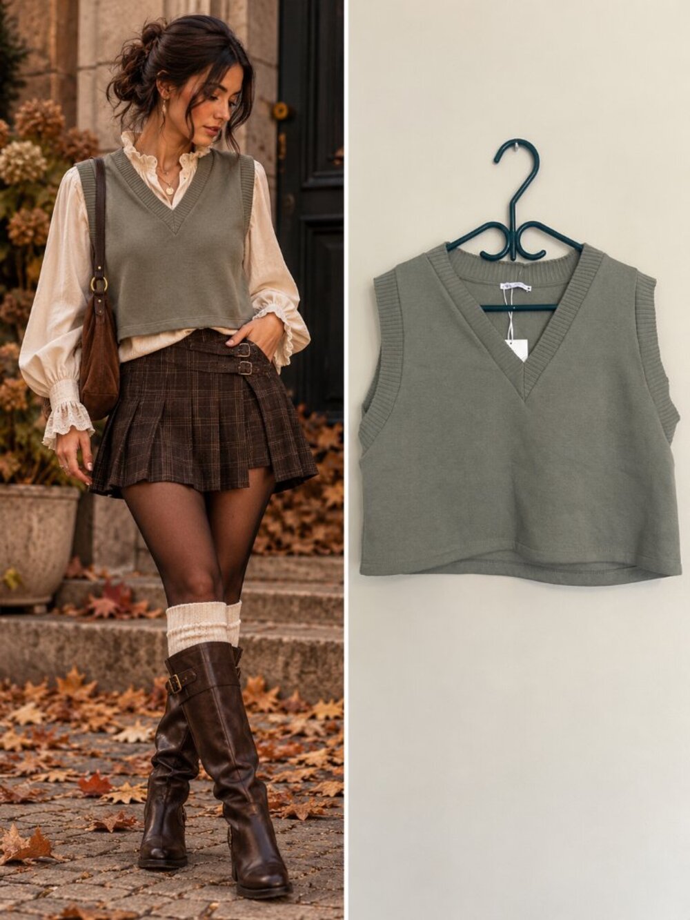 Zara Sage Green Cropped V Neck Knit Sweater Vest Boxy Preppy Academia M